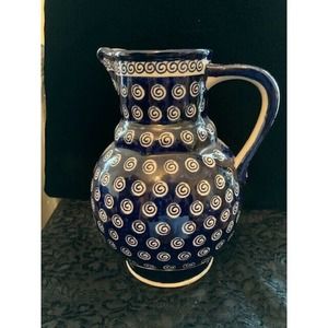 polish pottery blue and cream swirls pitcher